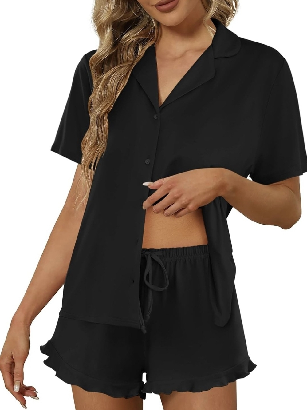 Women's Black Short Sleeve Button Pajama Set with Drawstring Shorts